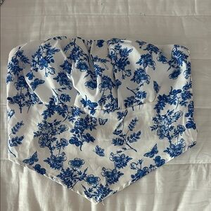 ROMWE White Strapless Floral Print Tank Top with Blue Pattern